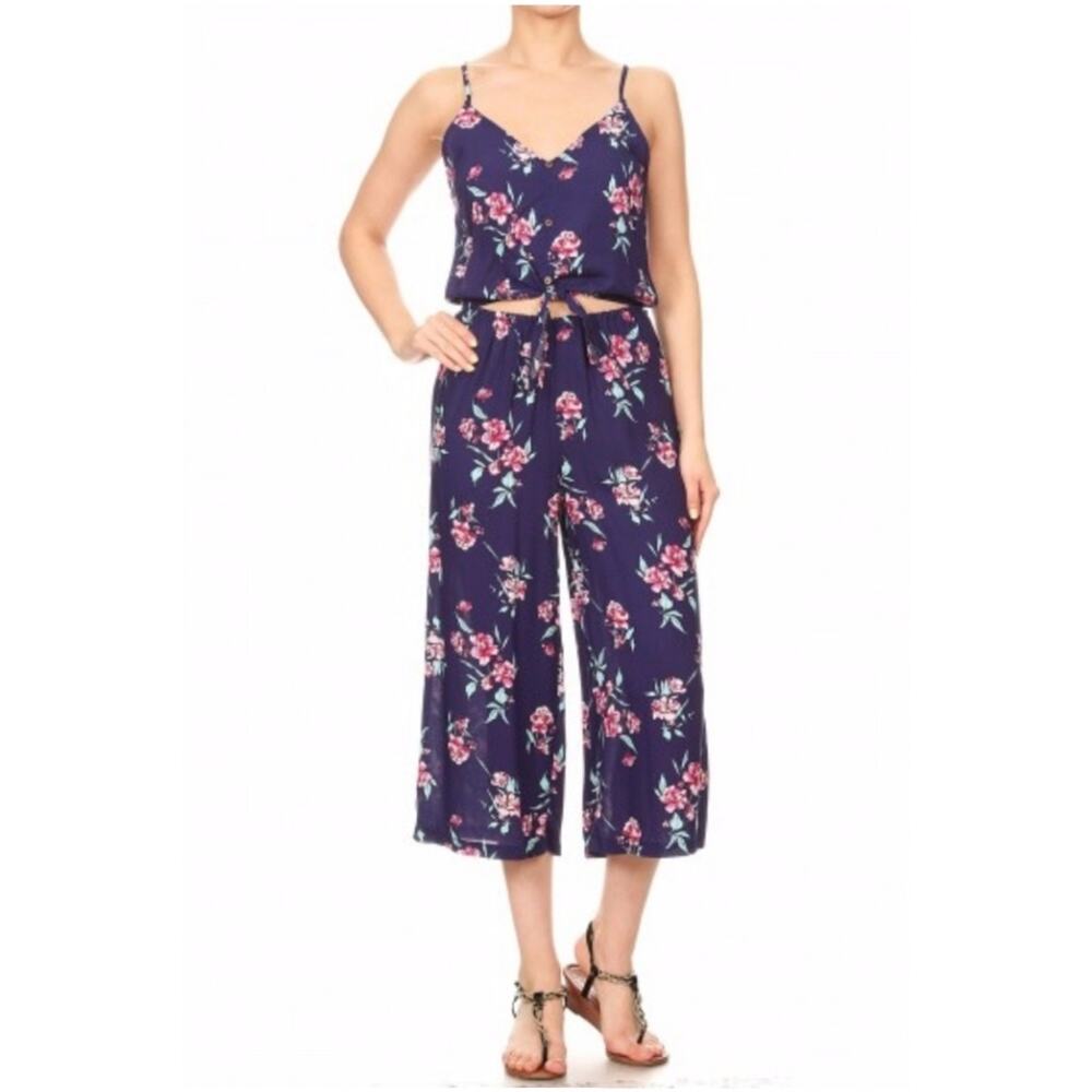 Shosho Floral Print Cropped Jumpsuit with front ti
